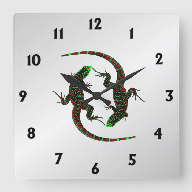 Relógio Quadrado Yin Yang Lizards Silver (Frente)