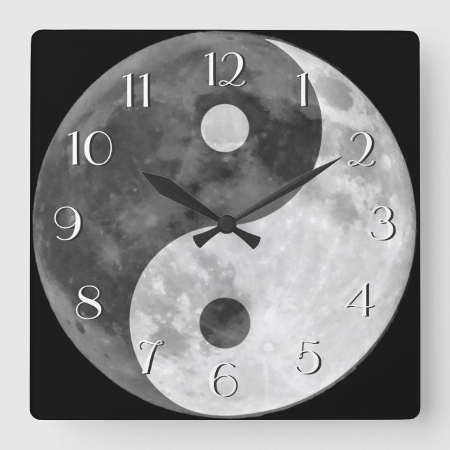 Relógio Quadrado Yin Yang Moon Elegant Numbers Black and White (Frente)