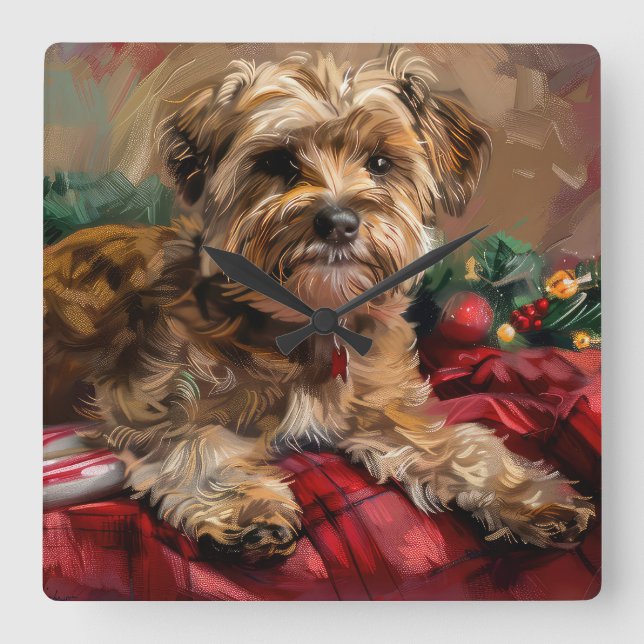 Relógio Quadrado Yorkipoo Cachorro Festa de Natal (Frente)