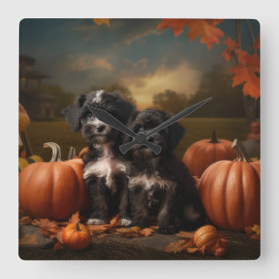 Relógio Quadrado Yorkipoo Puppy Autumn Delight Pumpkin