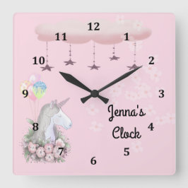 Relógio Quadrado Young Girls Wall Clock com Unicorn