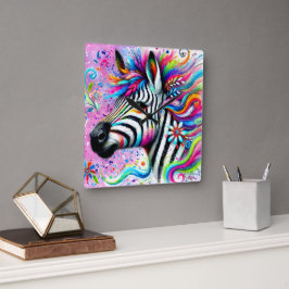 Relógio Quadrado Zebra Floral Rosa-Rosa-Rosa-Rosa-Cinzenta Verde-Ma