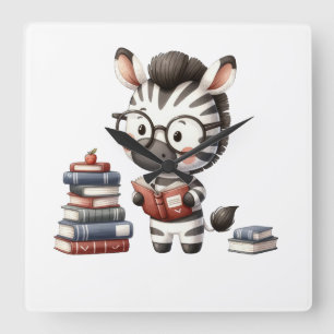 Relógio Quadrado Zebra Lendo Livros.