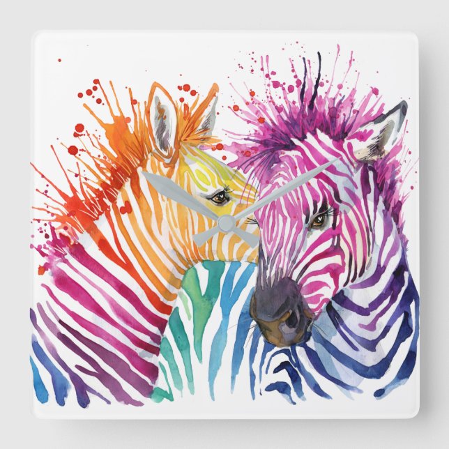 Relógio Quadrado Zebra Rainbow Wall Clock (Frente)