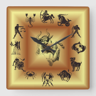 Relógio Quadrado Zodíaco Dourado ~ Signos Astrológicos ~ Touro ~