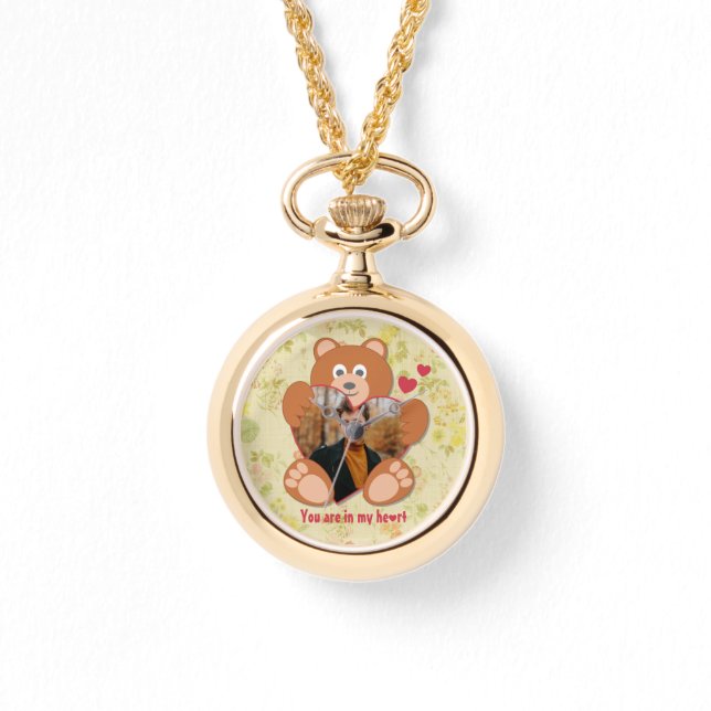 Relógio Quadro de Foto do Coração do Urso Amarelo Verde Mo (Frente)