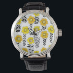Relógio Rabiscos de margarida em amarelo e preto<br><div class="desc">Padrão floral bonito desenhado no estilo de rabisco.</div>
