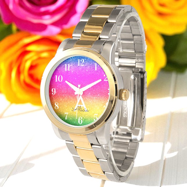 Relógio Rainbow Glitter Purple Yellow Green Watch (Criador carregado)