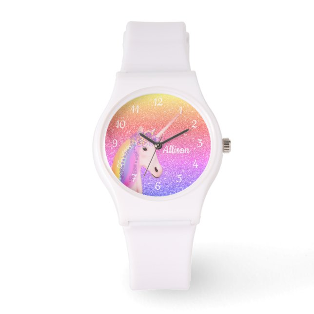 Relógio Rainbow Unicorn Glitter Personalizadas Mulheres (Frente)
