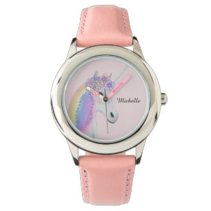 Relógio Rainbow Unicorn personalizado, moça rosa-rosa past