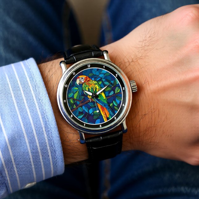 Relógio Rainforest Radiance" - Stained Glass Parrot Wall  (Criador carregado)