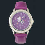 Relógio Raparigas Roxo Roxo Unicórnio Arco-íris e Nomes Cr<br><div class="desc">Esta fofa e moderna criança assistindo apresenta um desenho unicórnio, com um arco-íris, coração, planeta, estrelas e uma coroa, e pode ser personalizado com o nome de suas meninas. Com números claros e facilmente legíveis, este 'primeiro' relógio é excelente para uma criança ou criança a começar a aprender o tempo....</div>