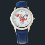 Relógio Rapazes, Barramento Vermelho Galês, Cartoon & Name<br><div class="desc">Este bonito e azul moderno observatório mostra um adorável desenho animado galês e tem espaço para você adicionar seu nome aos garotos. Com números claros e facilmente legíveis,  este 'primeiro' relógio é excelente para crianças ou crianças apenas começando a aprender o tempo. O design perfeito para o seu pequeno.</div>