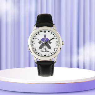 Relógio Rapazes Jogadores De Hóquei No Gelo Roxo Nome Fita