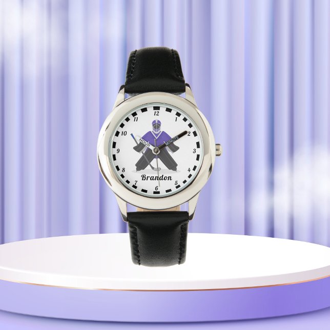 Relógio Rapazes Jogadores De Hóquei No Gelo Roxo Nome Fita (Criador carregado)