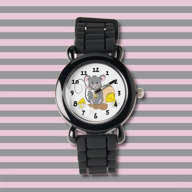 Relógio Rato de Cartoon de Cinza Bonito (Cute kid watch with a gray mouse nibbing on some Swiss cheese .)