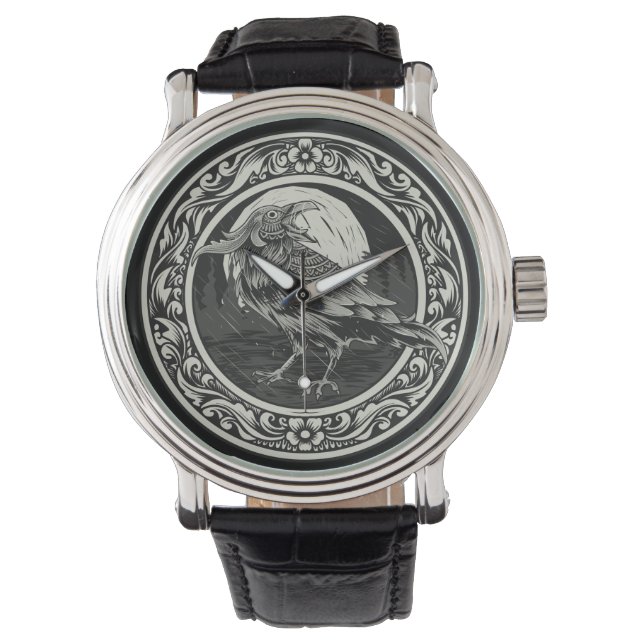 Relógio Raven Medallion Carving Art Bird Nature (Frente)