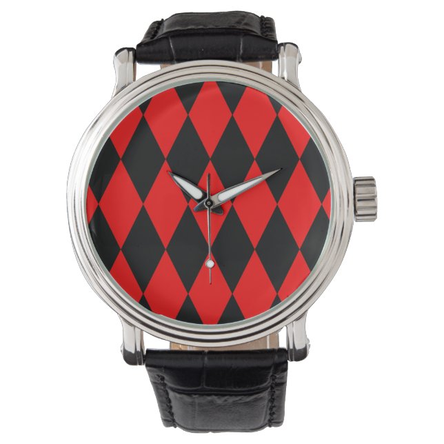 Relógio Red Black Harlequin Diamonds Checkers Design  (Frente)