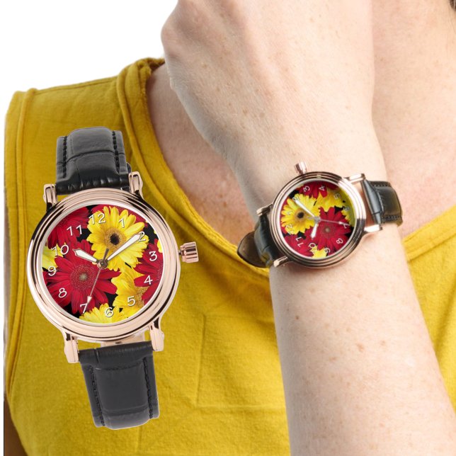 Relógio Red e Daisies Gerber Amarelos Brilhantes (floral watch face)