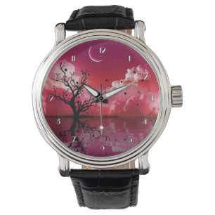 Relógio Red Night Sky Reflete Céu Cênico