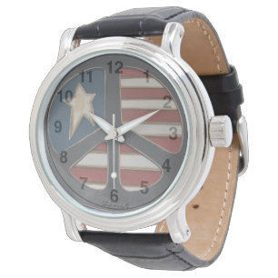 Relógio Red White Blue Peace - Men's Black Leather Watch