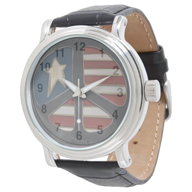 Relógio Red White Blue Peace - Men's Black Leather Watch (Angular)