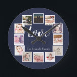 Relógio Redondo 12 Colagem de Fotos - Azul Personalizado<br><div class="desc">Colagem de Fotos 12 Relógio de Modelo azul personalizado na parede azul ...  simplesmente adicione suas próprias fotografias e texto a este relógio na parede do excelente ...  fácil de personalizar ...  relógio personalizável de modelo de foto do Ricaso - ideias-presentes perfeitas</div>