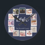 Relógio Redondo 12 Colagem de Fotos - Azul Personalizado<br><div class="desc">Colagem de Fotos 12 Relógio de Modelo azul personalizado na parede azul ...  simplesmente adicione suas próprias fotografias e texto a este relógio na parede do excelente ...  fácil de personalizar ...  relógio personalizável de modelo de foto do Ricaso - ideias-presentes perfeitas</div>