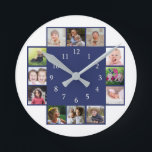Relógio Redondo 12 Family Photo Collage Create Your Own Blue<br><div class="desc">Create your own photo collage wall clock with 12 of your favorite pictures. The photo frame clock  helps you treasure your special moments and also makes a thoughtful gift for parents, grandparents and friends. The personalized family clock makes an unique gift for all occasions.</div>