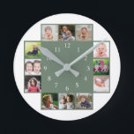 Relógio Redondo 12 Family Photo Collage Create Your Own Green<br><div class="desc">Create your own photo collage wall clock with 12 of your favorite pictures. The photo frame clock  helps you treasure your special moments and also makes a thoughtful gift for parents, grandparents and friends. The personalized family clock makes an unique gift for all occasions.</div>