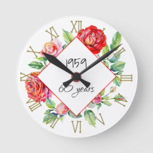 Relógio Redondo 1959 60º Aniversário Rosa de Aquarela Personaliz