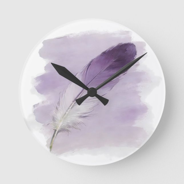 Relógio Redondo ⁠3D Impasto Aquarela Pena Roxa Boho Moderna⁠ (Frente)