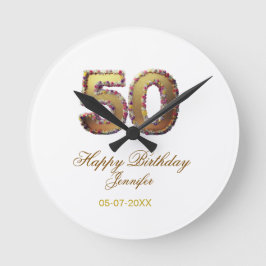 Relógio Redondo 50th birthday add name date year gold floral bold 