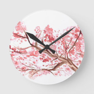 Relógio Redondo A flor de cerejeira cor-de-rosa floresce a pintura