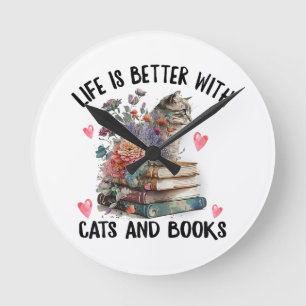 Relógio Redondo A vida é melhor com gatos e livros Gato engraçado