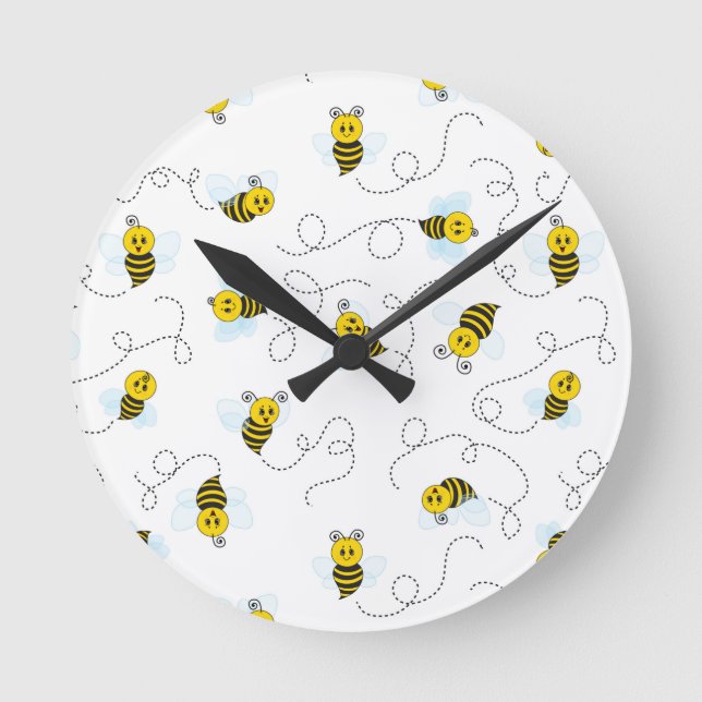 Relógio Redondo Abeja Melífera Voadora Amarela Preta (Frente)