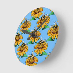 Relógio Redondo Abeja no Design de Padrão de Flor de Girassol Azul
