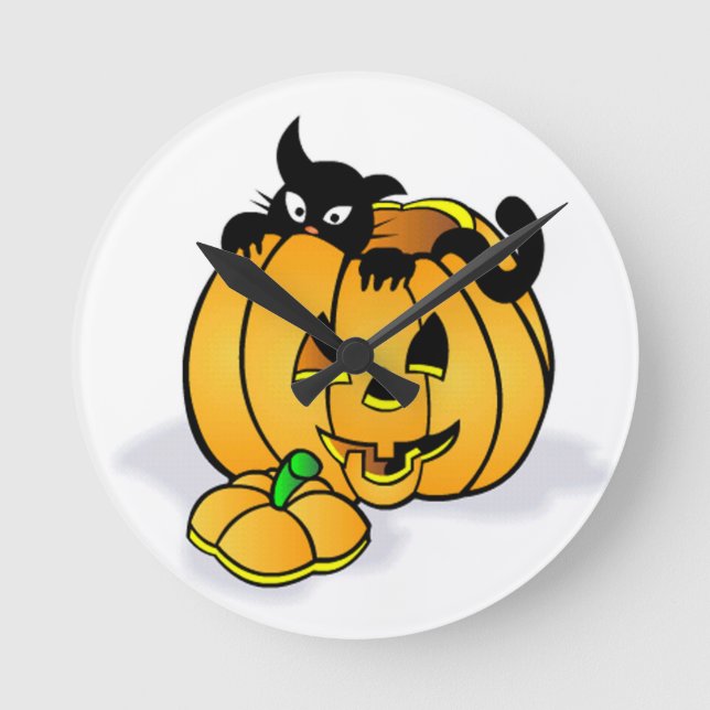 Relógio Redondo Abóbora de Halloween com Gato Negro (Frente)
