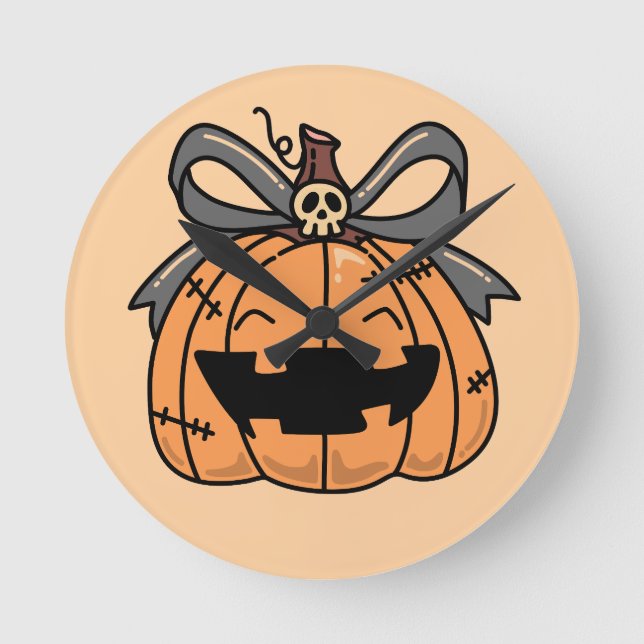 Relógio Redondo Abóbora de Halloween, Rosto Fofo (Frente)
