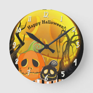 Relógio Redondo Abóboras & Luar Caprichoso Halloween Personalizado