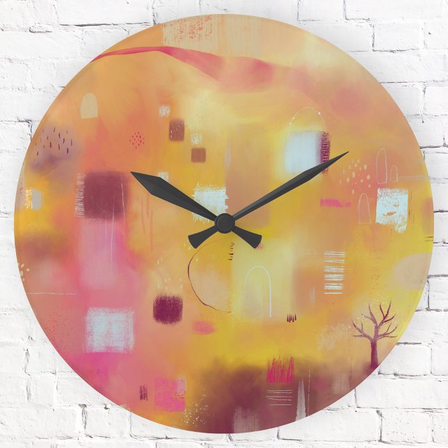 Relógio Redondo Abstrato Amarelo Moderno (Modern abstract yellow and pink art clock)