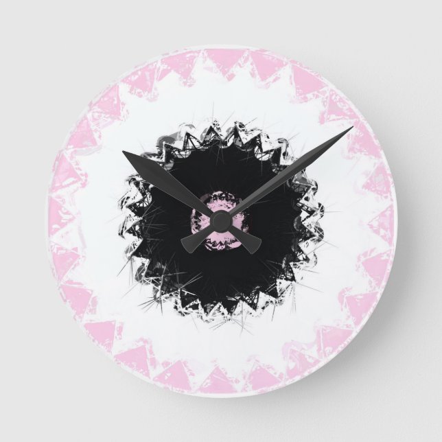 Relógio Redondo Abstrato de giz preto, branco e rosa (Frente)