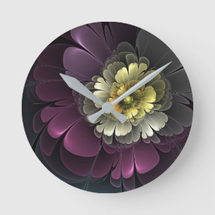 Relógio Redondo Abstrato Modern Purpur Khaki Cinza Flor Fractal