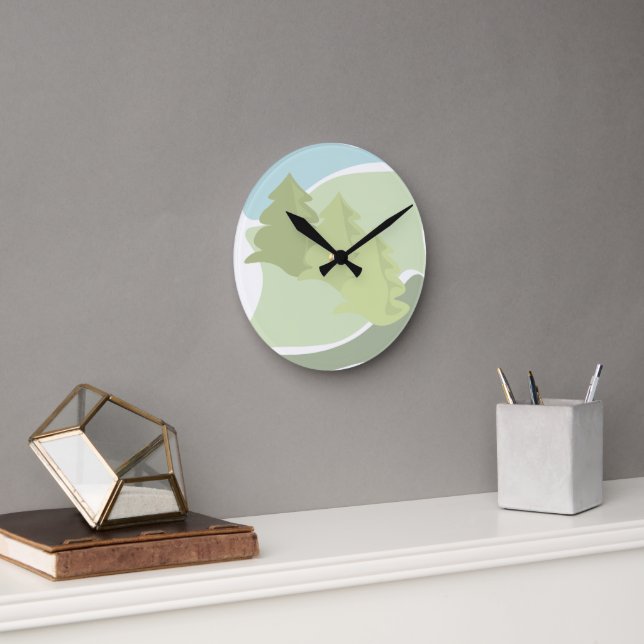 Relógio Redondo Abstrato, paisagem natural com árvores de abeto e  (Escritório)