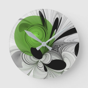 Relógio Redondo Abstrato preto e branco com arte frontal verde
