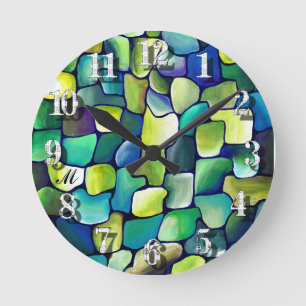 Relógio Redondo Abstrato verde de monograma Azulejo verde aquarela