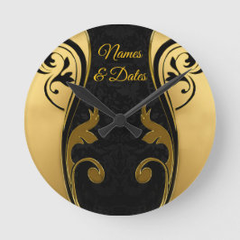 Relógio Redondo Abstratos com ênfase Dourada em preto-e-branco
