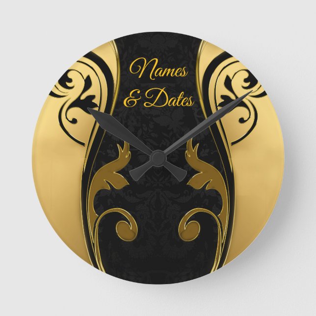 Relógio Redondo Abstratos com ênfase Dourada em preto-e-branco (Frente)