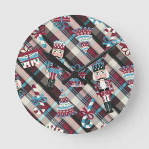 Relógio Redondo Acrililado de Natal Plaid Azul Burgundy