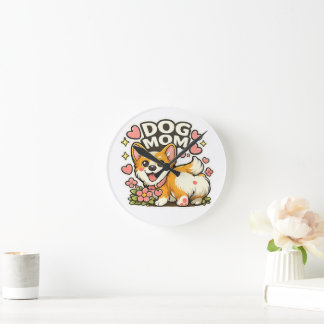 Relógio Redondo Adesivo de Corgi Mãe de Cachorro Fofo Kawaii Flor,